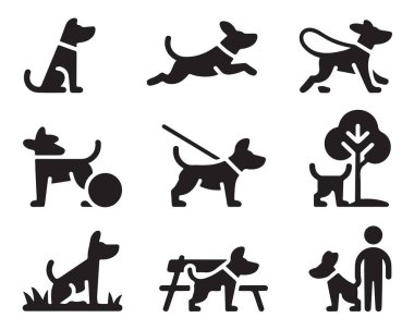 Köpek simgeleri hazır. Evcil hayvan aktiviteleri, tasmayla yürümek, top oynamak, oturmak, sahibiyle oturmak..