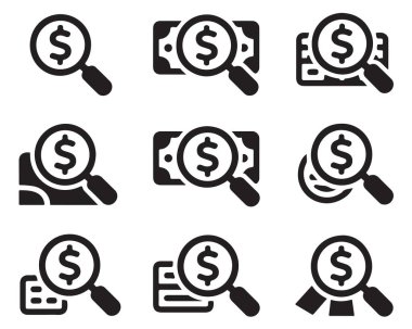 Para arama simgeleri büyüteç soruşturma dolar finans güvenlik denetimi.