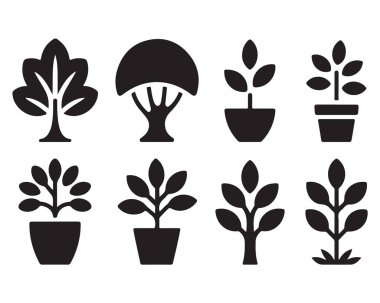 Çeşitli ağaç seti ve saksı bitkisi botanik sembolleri