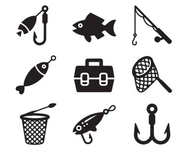 Balıkçı kıyafeti koleksiyonu: olta oltası oltası oltası oltası olta kutusu balığı yüzer çapa. Siluet simgeleri.