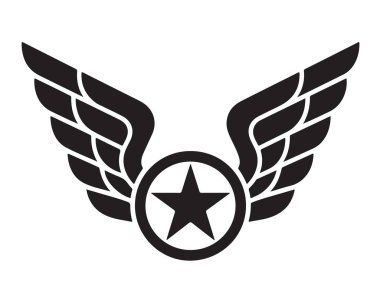 Kanatlı yıldız amblemi: başarı ödülü havacılık askeri rozet sembolü vektörü.