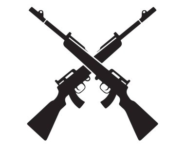 İki çapraz tüfek silueti saldırı silahları askeri çatışma sembolünün siyah vektör çizimi