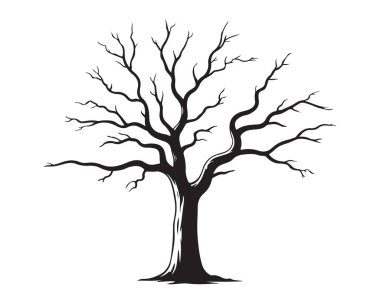 Ayrıntılı çıplak dalları ve güçlü gövde vektörü grafiği olan siyah yapraksız ağaç silueti