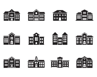 Akademik yapı seti. Üniversite kampüs ikonları. Okul mimarisi. Eğitim kurumunun siluetleri. Öğrenme ortamı.