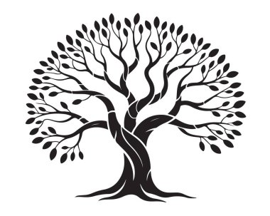 Ağaç silueti, bükülmüş gövdesi ve bir sürü yaprağı var.