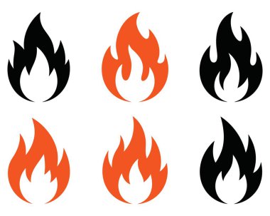 Ateş alev ikonları, siyah ve turuncu, basit şekiller, ısı sembolleri, izole grafik elementler