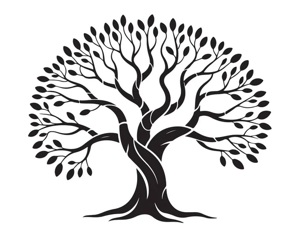 Ağaç silueti, bükülmüş gövdesi ve bir sürü yaprağı var.