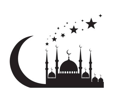 Hilal ay ve yıldızlı cami silueti, İslami selamlar ve Ramazan için.