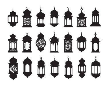 Şeffaf arkaplan üzerindeki İslami Arap fener siluetleri koleksiyonu, geleneksel festival ışıkları, tatiller için dekoratif unsurlar
