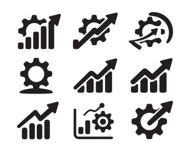 İlerlemeyi gösteren dokuz vektör simgesi başarı büyüme grafiklerini dişli mekanizmalarıyla birleştirdi