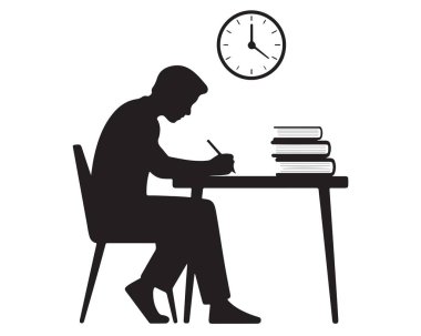 Öğrenci çalışma masasında; kitaplar ve saat; eğitim temaları; öğrenme süreci; zaman yönetimi kavramı