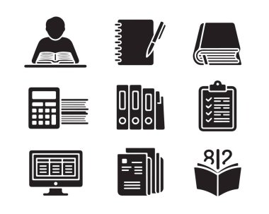 Çalışma araçları simgeleri vektörü akademik başarı sembolleri planlama bilgi kaynakları eğitim unsurlarını finanse etme veri yönetim organizasyonu grafikleri.