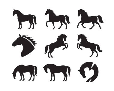 Çeşitli pozlarda at siluetleri, koşmak, durmak, yükselmek, at kafası profili