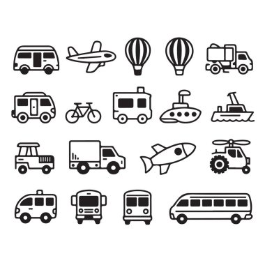 Seyahat ve dağıtım tasarımı için siyah çizgi taşıma simgeleri