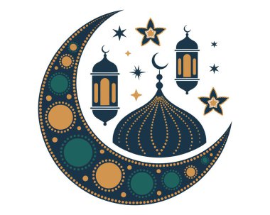 Camii olan Ramazan ayı. İslami fenerler ve yıldızlar. Geleneksel Arapça kalıplar ve motifler.