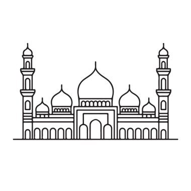 Birden fazla kubbe ve minaresi olan büyük bir caminin taslağı.