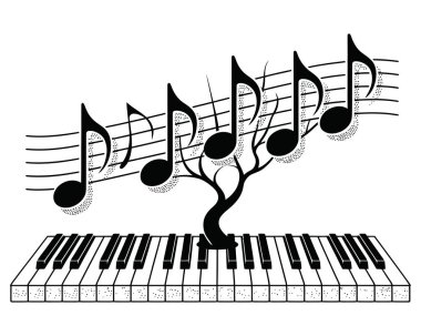 Müzikal konsept piyano klavyesi ağacı ve müzik ile ilgili vektör çizimleri için şeffaf arkaplan üzerinde izole edilmiş notalar..