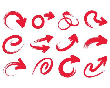 Kırmızı grunge okları, ok seti, el çizimi oklar, grafik tasarım elementleri