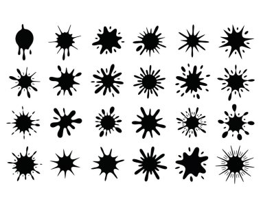 siyah mürekkep lekeleri ve sıçramalar, soyut sıvı lekeler, damlalar, sanatsal elementler, vektör illüstrasyonu