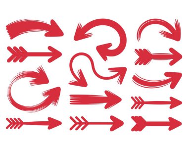 Kırmızı el çizilmiş oklar fırça darbesi işaretleri koleksiyonunu ayarla