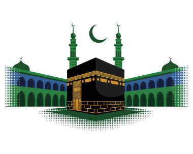 Kabe Mekke 'de. Minareli büyük cami. İslam hac ibadeti. Müslüman kutsal mekanı. Hilal ay sembolü.