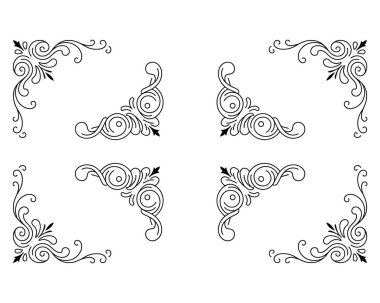 Çerçeveleme davetleri için zarif girdap kaydırma parşömenleri içeren dekoratif siyah çizgi sanat köşe unsurları