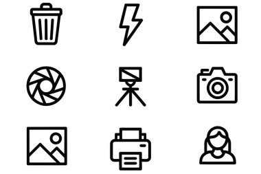 Temel fotoğrafçılık ve resim düzenleme araçları arasında çöp kutusu, şimşek, resim, lens, tripod, kamera ve yazıcı simgeleri yer alıyor
