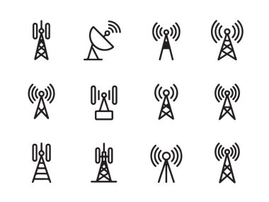 Hücresel röle antenlerini uydu antenlerini ve kablosuz bağlantı yapılarını gösteren çizgi simgeleri