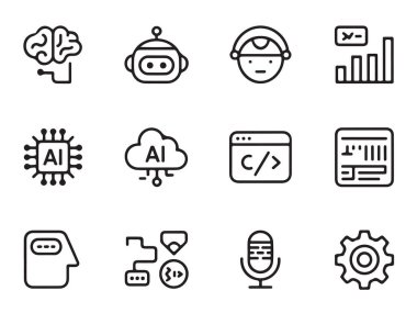 Yapay zeka simgeleri makine beyin robot kodlaması ve teknoloji kavramları öğreniyor