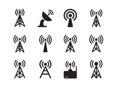 İletim kulelerini gösteren iletişim simgeleri kümesi uydu anteni ve kablosuz yönlendirici