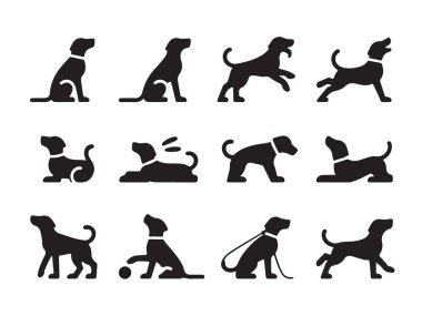 Farklı pozlar veren köpek siluetleri koleksiyonu ayakta duruyor ve dinleniyor.