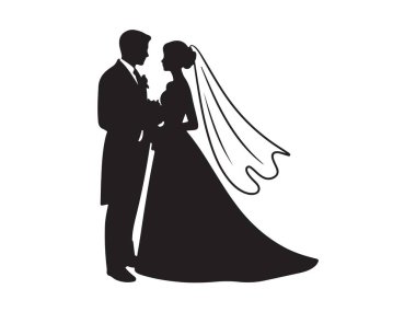 Gelin ve damat silueti düğün günü resmi kıyafetlerinde yan yana dururlar.