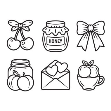 Tatlı yemek ve aşk ikonları koleksiyonu doğrusal ana hat biçimi