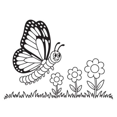 Mutlu kelebek tırtılı; çiçeklerin üzerinde uçan; bahçe illüstrasyonu