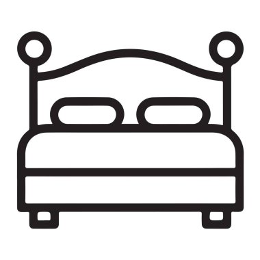 Çift yatak ikonu; iki yastık; yatak başlığı tasarımı; otel konaklama sembolü; yatak odası mobilyası taslağı; ev uyku illüstrasyonu.