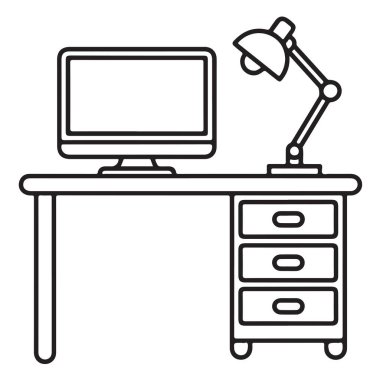 Monitörü ve lambası olan bilgisayar masası. Çekmeceler de dahil. Şeffaf arkaplanda izole.