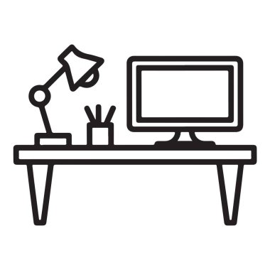 Monitör lambası ve kırtasiye simgeleri ayarlanmış çalışma masası