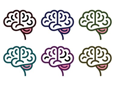 Renkli beyin simgeleri; yan profil; çeşitli renk kombinasyonları; şeffaf arkaplan