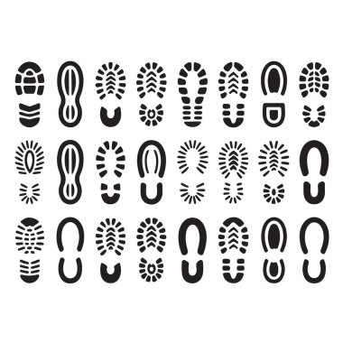 Ayak izi vektör simgesi ayarlandı. Farklı ayakkabı izleri, bot taban şekilleri ve izler..