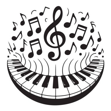 Müzikal notalar havada süzülüyor, piyano tuşları kıvrımlı, üç düğmeli anahtar belirgin, müzik sembolleri dağınık, soyut müzik arka planı, ses konsepti.