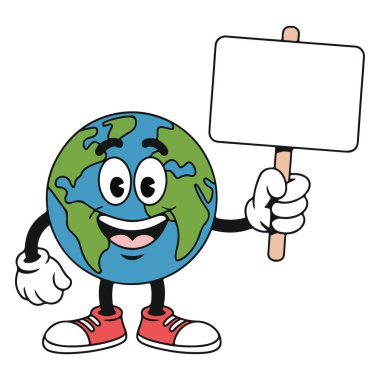Gülümseyen gezegen maskotu, bilinçlendirme kampanyası illüstrasyon çizimi için boş levha taşıyor.