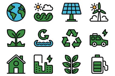 Dünya, güneş, dalga, güneş paneli, rüzgar türbini, tohum, geri dönüşüm, elektrikli araba, ev, pil.