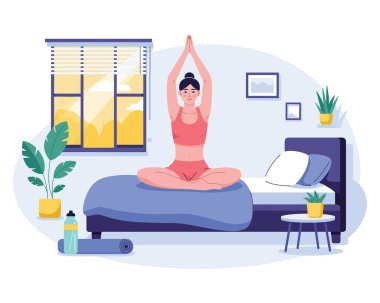 Kadın evde meditasyon yapıyor. Lotus yatakta poz veriyor. Barış için yoga. Farkındalık pratiği.