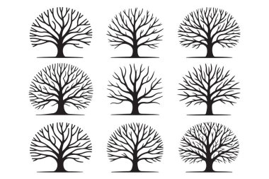 Yoğun dalları olan yuvarlak ağaç siluetleri koleksiyonu