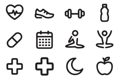 Fitness sağlık egzersizi, sağlık tıbbı spor diyet planlaması için 12 satır simgesi