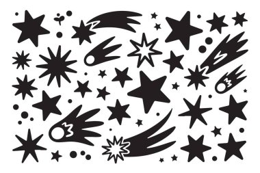 Yıldız şekilleri kayan küçük noktalar dağınık kozmik elementler uzay temalı grafikler