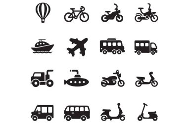 Hava suyu ve kara seyahati resimlerini içeren bir dizi taşıma aracı simgesi