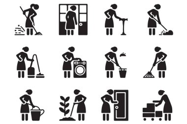 Çeşitli ev işlerini tasvir eden temizlikçi kadın ikonları koleksiyonu.
