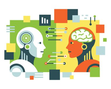 İnsan beyni ve robot kafa arayüzü arasında biyoloji mühendisliği gösteren kontrast