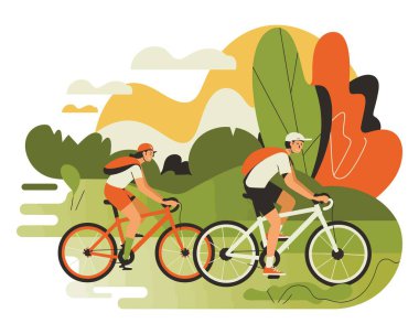 İki bisikletçi yeşil tepe üzerinde dağ bisikleti sürüyor. Yaz sporunun tadını çıkarıyorlar.